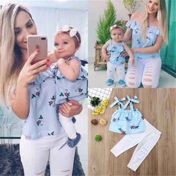 

Summer Family Matching Mother Daughter Floral Print Striped Sleeveless Tops Hole Pants Clothes Mom Girl Kid Family Look Clothing
