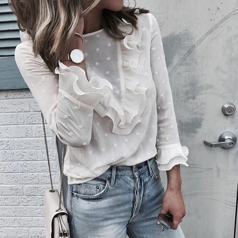 

Office Ladies Ruffle Work Shirt Elegant Women Summer Long Sleeve Tops Blouse