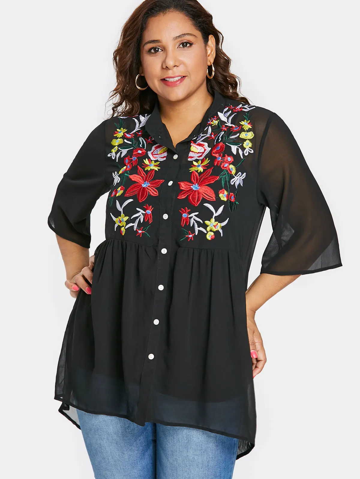 

Lortalen Plus Size Buttons Floral Embroidery Women Blouse Stand Collar Three Quarter Long Shirts Blouses Casual Shirt Ladies Top