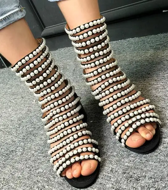 

Abesire 2019 Ladies Sweety Pearl Square Middle Heels Gladiator Sandals Boots Woman Peep Toe Ankle Boots Female Back Zipper Shoes