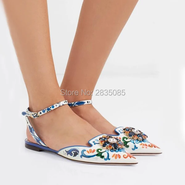 

Multicolor Print Leather Glitter Crystal Sandalias 2019 Female Casual Shoes Summer Pointed Toe Ankle Strap Jeweled Flat Sandals