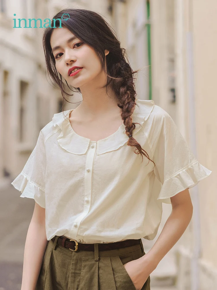 

INMAN 2019 Summer New Arrival Sweet Flouncing Blouse Casual Short Pants Solid Literary Girl Two Pieces Suit