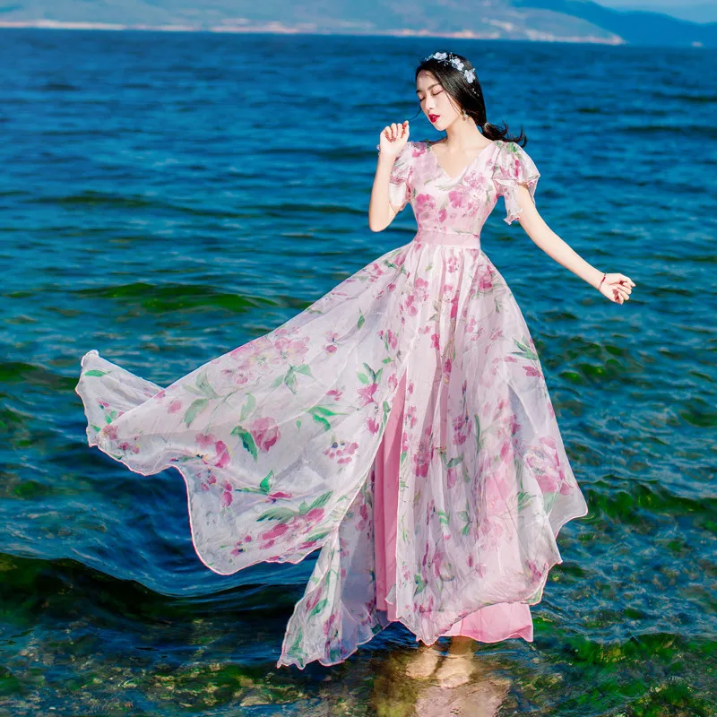 

2019 Spring Summer Dress Women Casual V Neck High Waist Slim Flower Printed Dress Beoho Beach Party Chiffon Dresses Vestidos