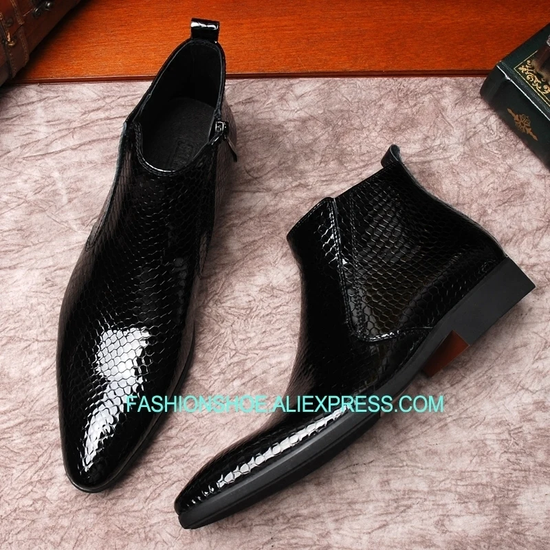 

Snakeskin Patent leather High top Mens Boots British Style Ankle Short Boots Hombre