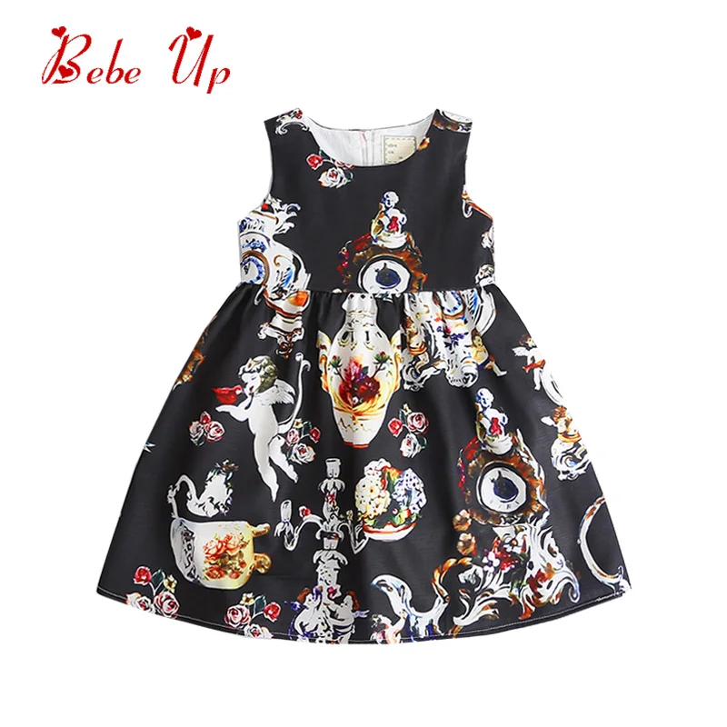 

Girl Summer Black Dresses Cotton Kids Girl Designer Print Party Frocks Fine Porcelain Cupid Little Girl Fashion Trendy Dress