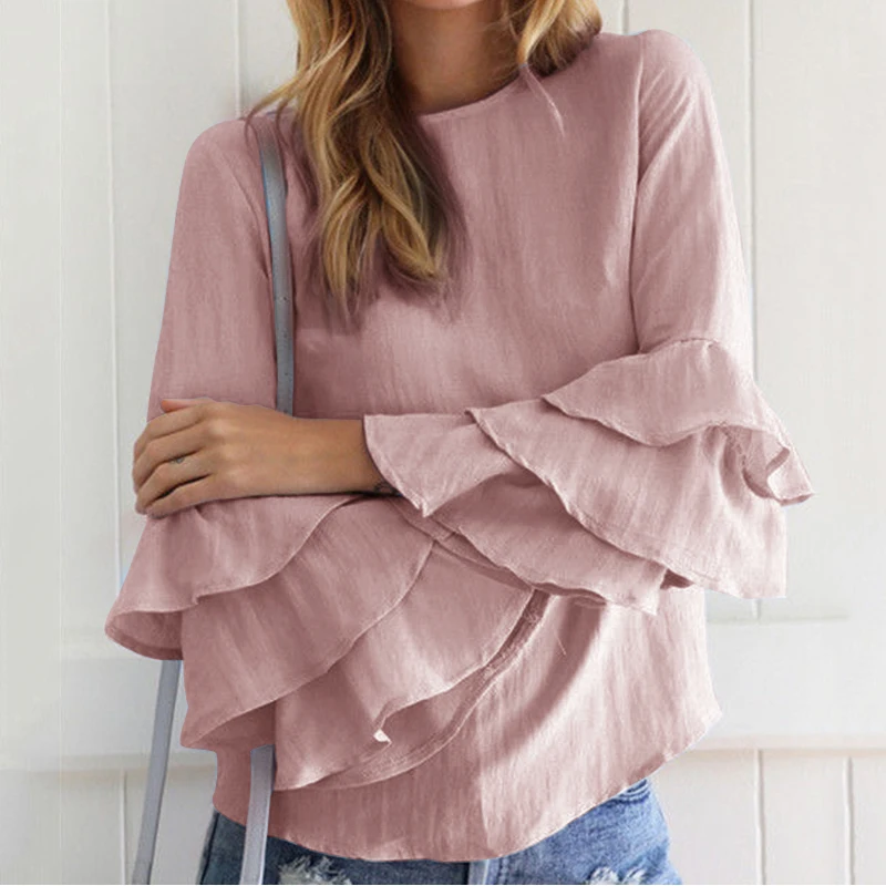 

Women Blouses Shirts Autumn Elegant Ladies O-Neck Flounce Long Sleeve Solid Blouse Tops Pink 5XL