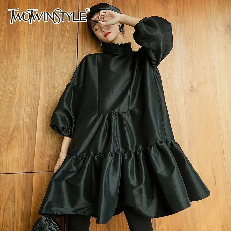 TWOTWINSTYLE Пышное Платье с рукавом три четверти для женщин с гофрированным воротником Черное Мини бальное платье женское весеннее корейское