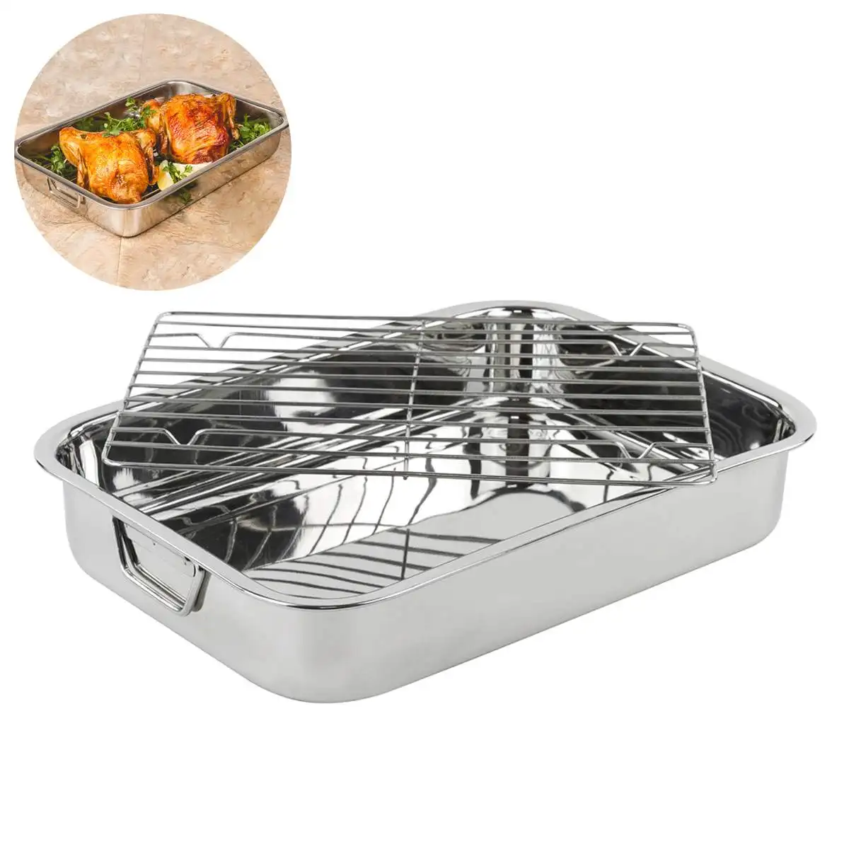  Large Stainless Steel Roasting Lasagna Pan Meat Roaster with Rack Baking Pan Dishes Kitchen Cooking - 32958434170