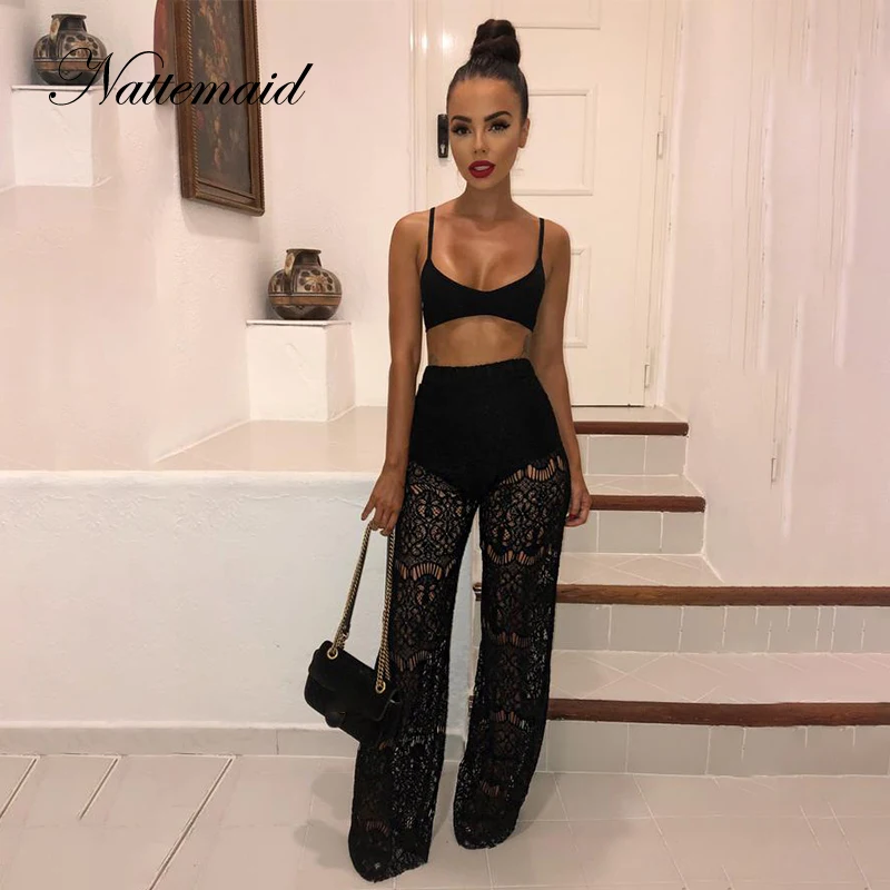 

NATTEMAID Mesh White Black 2 Piece Set Women Hollow Out Sexy Two Piece Set Top And Pants Clubwear Summer Women Set Two Piece