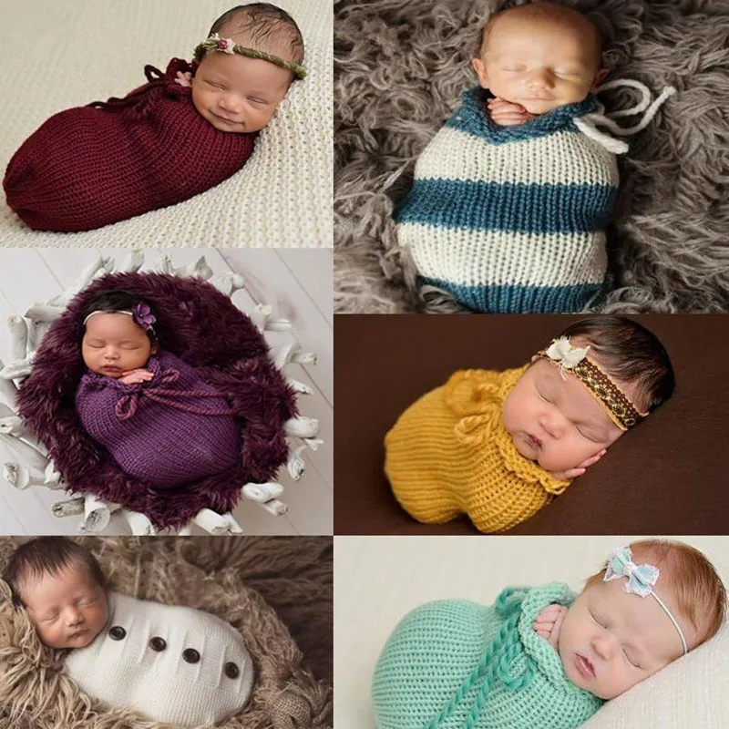 

Newborn Photography Props Baby Knitted Sleeping Bag Handmade Crochet Bag Knit Wrap Baby Photo Props Fotografia Accessories