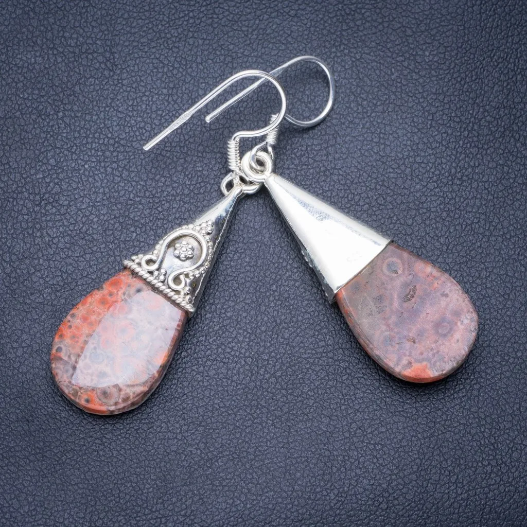 

Natural Leopard Skin Jasper Handmade Unique 925 Sterling Silver Earrings 2" A0660