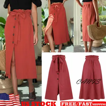

2019 New Fashion Womens Midi Skirt High Waist Front Slit Skirt Button Bandage Holiday Casual Red Skirts
