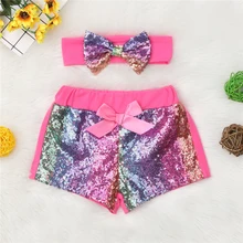 Праздничные блестящие шорты с бантом для новорожденных девочек штаны с блестками повязка на голову