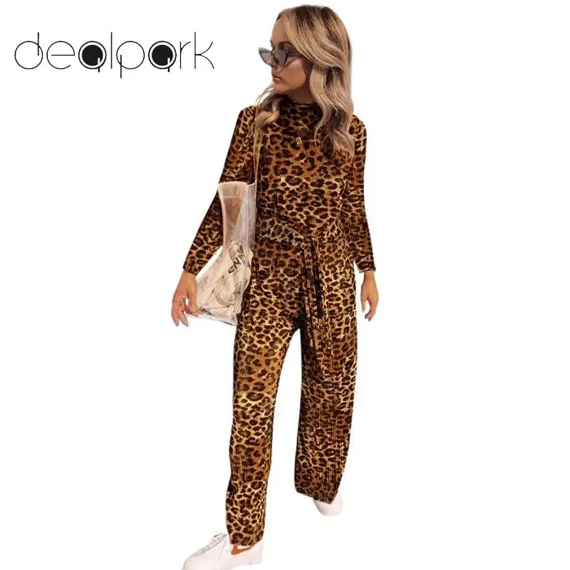 Sexy Women Leopard Jumpsuit Stand Collar Long Sleeve High Waist Wide