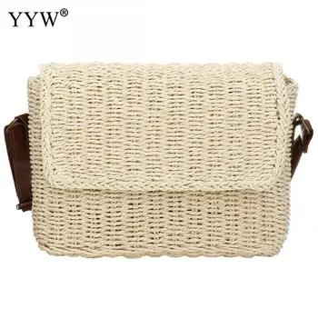 

White Bag Women Straw Handmade Weave Crossbody Bag Tibetan Bohemia Summer Beach Rattan Bag Pu Strap Khaki Messenger Flap Bags
