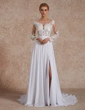 

Vivian's Bridal 2019 Spring Summer Elegant Chiffon Wedding Dress Illusion Mesh Slit Long Sleeve Sweep Train Bridal Beach Dress