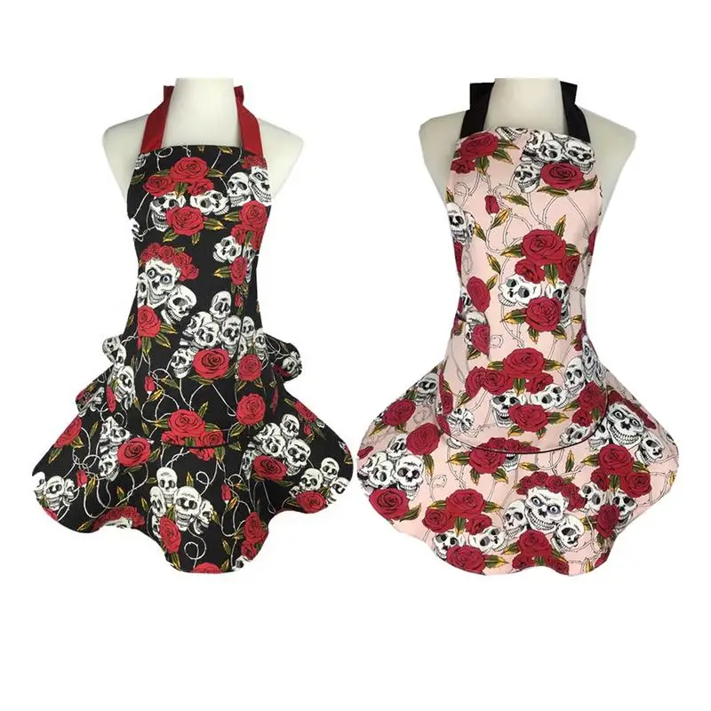 

Safety Cotton Fine Canvas Soft And Comfortable Cotton Canvas Rose Skull Special Apron For Kitchen Home Daily Supplies