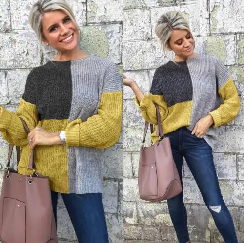 Fashion Womens Contrast Color Sweaters 2018 New Winter Long Sleeve Baggy Ladies Pullover Top Knitted Oversized Sweater S-XL | Женская