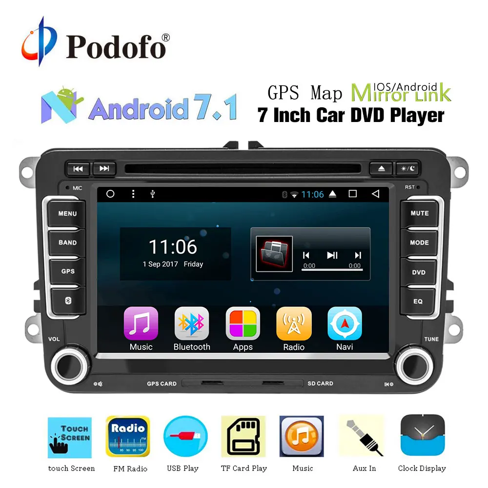 Podofo 2din автомобильный dvd плеер gps навигация мультимедийный Android Авторадио 2 Din USB для