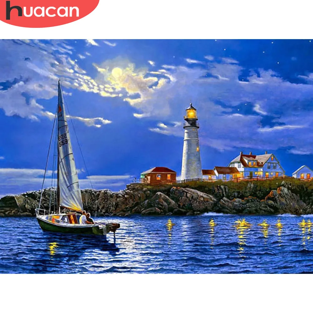 

HUACAN Diamond Embroidery Lighthouse Scenic Full Square 5D DIY Diamond Painting Cross Stitch Mosaic Decor Home Gift