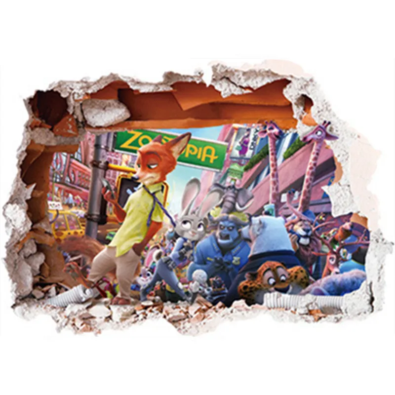 

Zootopia anime poster stickers Crazy Animal City Fox Rabbit through wall into kids room decoration cartoon wallpaper 70*50cm
