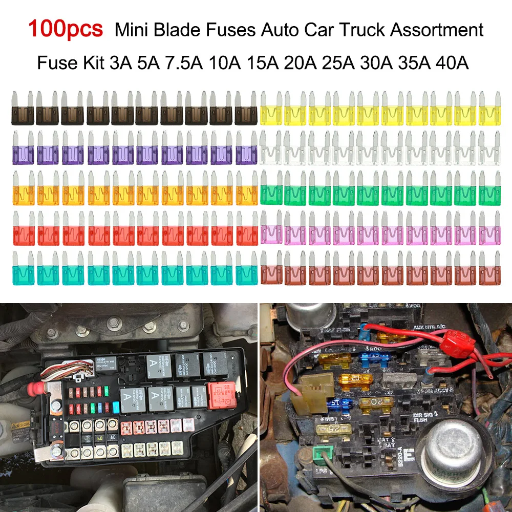 

100pcs Mini Blade Fuses 12v Auto Car Truck Assortment Mini Fuse Set Kit 2A 3A 5A 7.5A 10A 15A 20A 25A 30A 35A Fuse Adapter