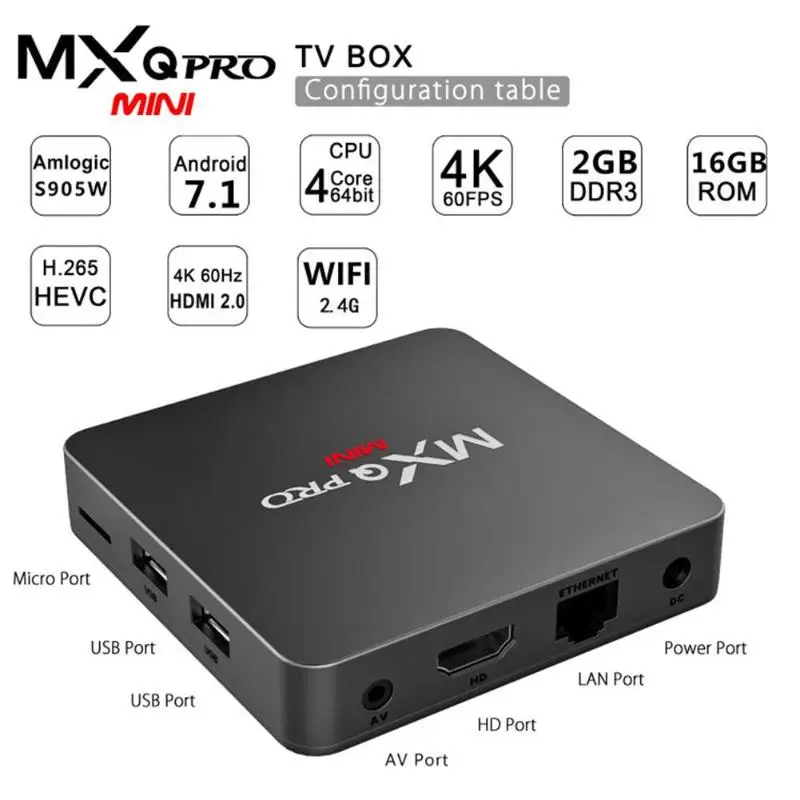 

MXQ PRO MINI Smart TV Box Android 7.1 S905W Quad Core 2GB 16GB 2.4GHz WiFi 4Kx2K H.265 HD TV Set-top Box Receiver Media Player