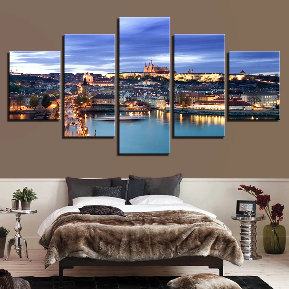 

Canvas Painting HD Printed Living Room Wall Art 5 Piece Prague Castle Bridge Poster City Night Scene Pictures Home Decor Picture
