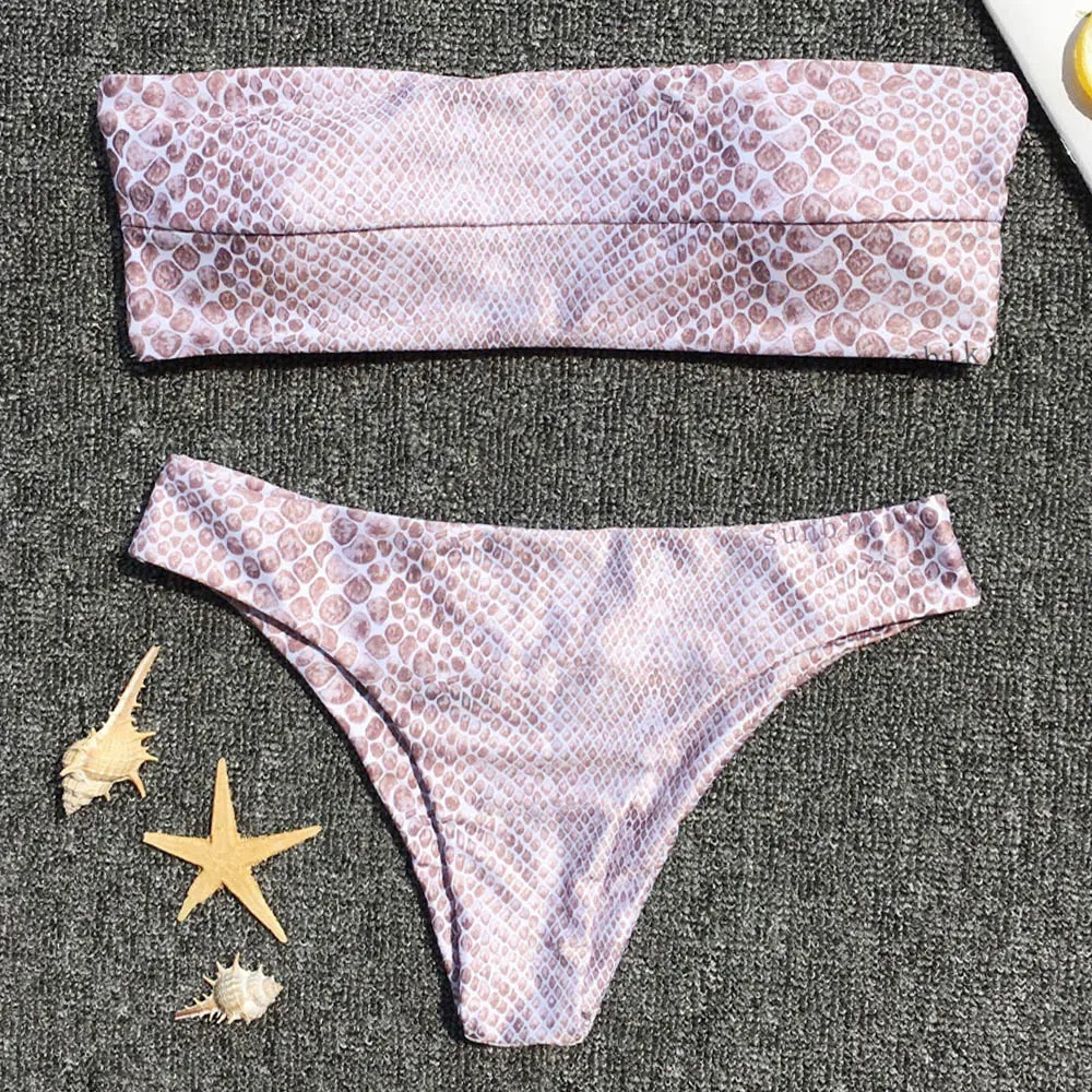 

Off The Shoulder Women Bikini Set Backless Padded Leopard Print Low Waist Bottom Sexy Swimming Suit Summer Sunny Beach Swimwear