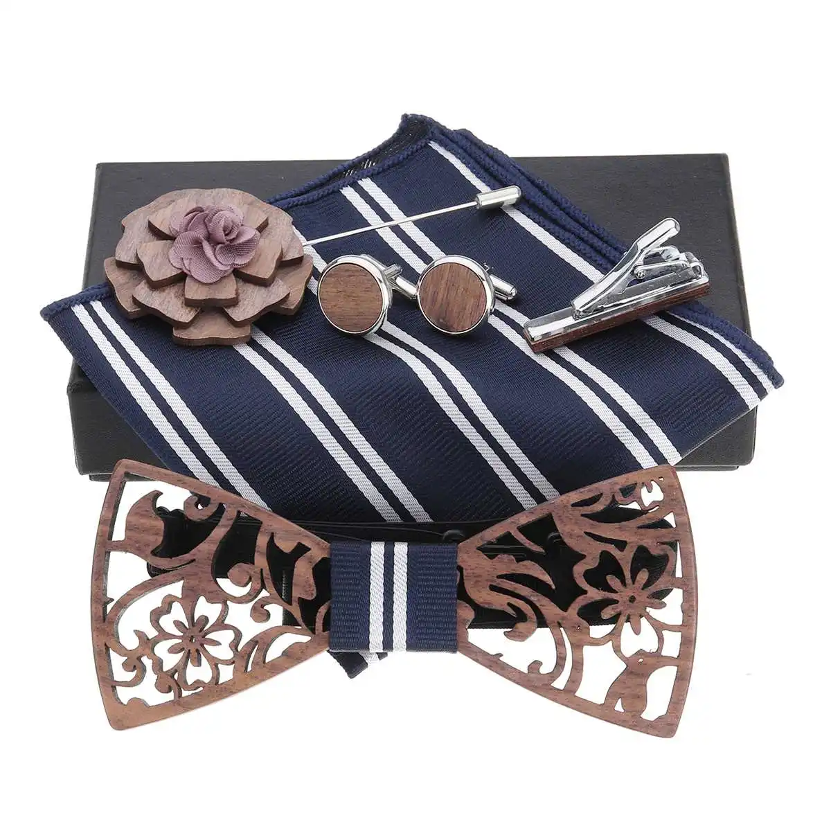  Men Women Wooden Bow Tie Set Handkerchief Lapel Flower Elastic Bandage Box Gift Fashion Adult Costu