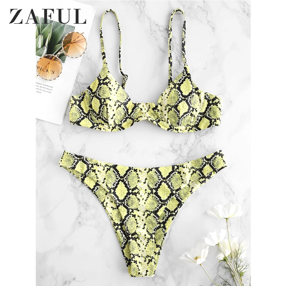 

ZAFUL 2019 Hot Sale Snake Print Underwired Bikini Set Spaghetti Straps Snakeskin Cami Bikini Sexy Thong Brazilian Swimwear Women