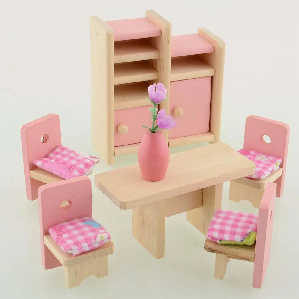 Розовая игрушка деревянный обеденный куклы дом мебель для кукольного домика Миниатюрная игрушка образования Vitoki игрушечные лошадки для