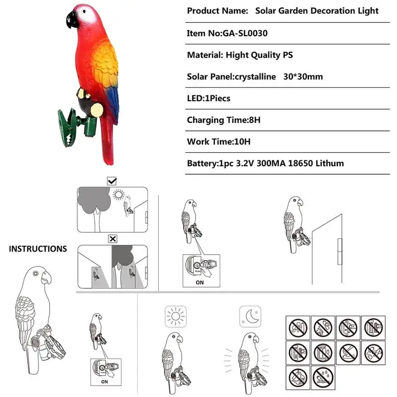 4 шт./компл. Солнечный Мощность светодиодный светильник IP44 непромокаемые лампа «попугай» с зажимом птица Форма ночной Светильник для наружного освещение садовой дорожки дерево Орнамент