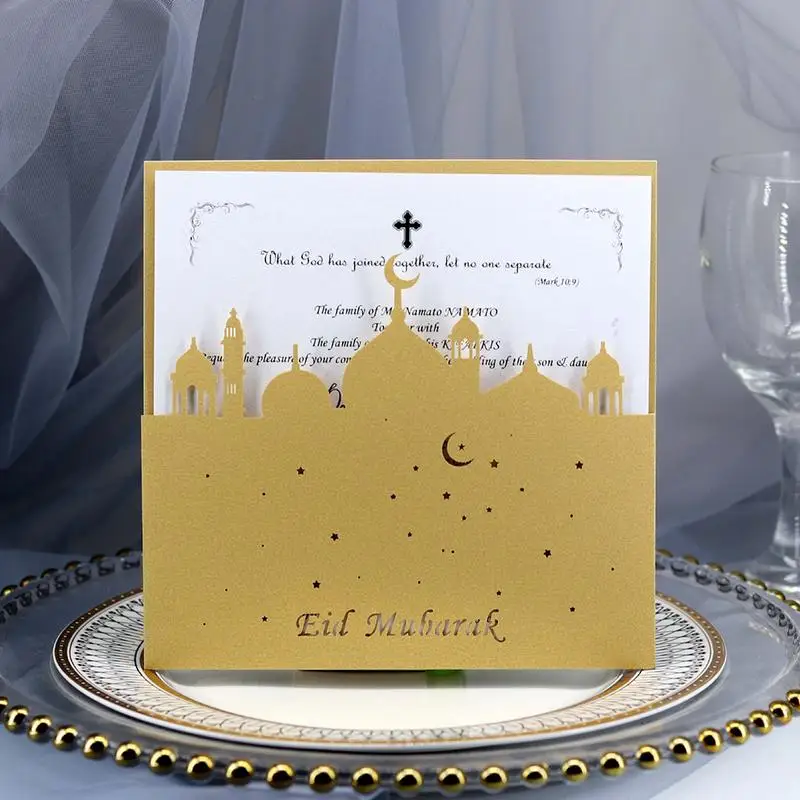 

10PCS Ramadan Decoration Islam Eid Mubarak Invitation Letter Hollow Greeting Pearl Paper Invitation Card