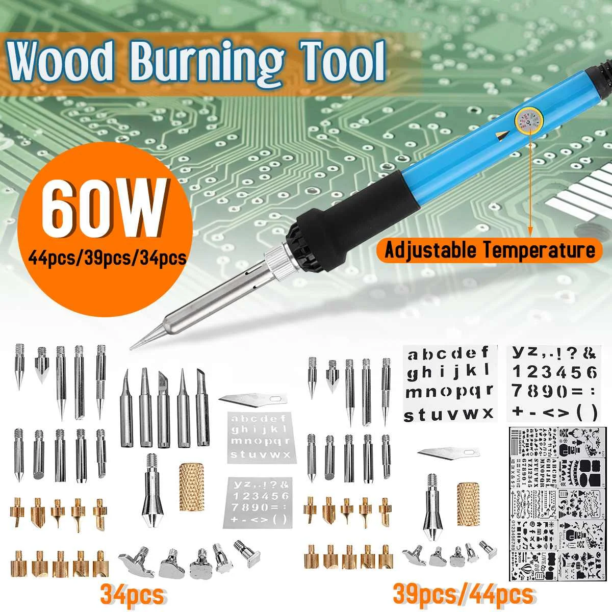 

Electric Soldering Iron 34/39/44PCS 60W Adjustable Temperature Welding Wood Burning Tool Kit EU/US Plug Drawing Lettering Carve