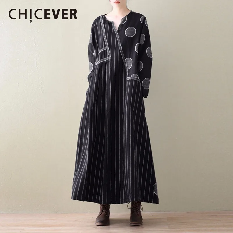 

CHICEVER Spring Vintage Asymmetrical Women Dress Female Long Sleeve Striped Dot Women's Dresses Of The Big Size Clothes Fashion