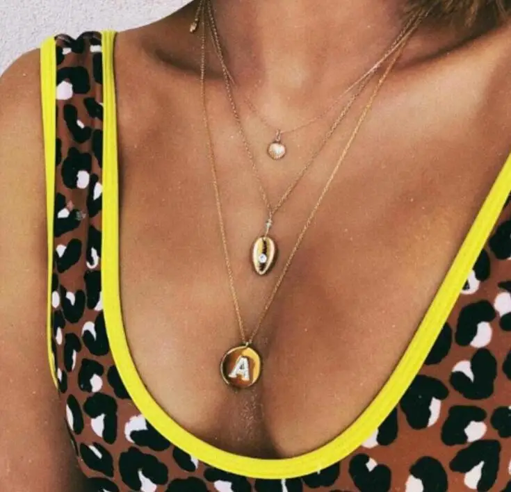 

A Letter Necklace Shells Pendants Conchas Pingentes Layered Necklace Women Retro Gold Chain Bohemian Collares Femme Collar Mujer