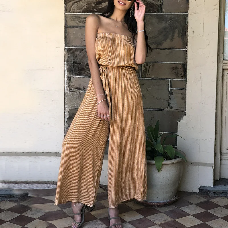 

2019 sexy off shoulder leopard stripe jumpersuit women summer solid overalls