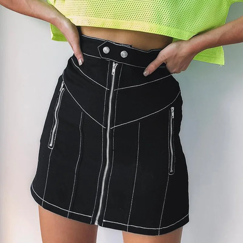 Dropsihp Women Black Front Zipper High Waist Skirt Casual Black A Line