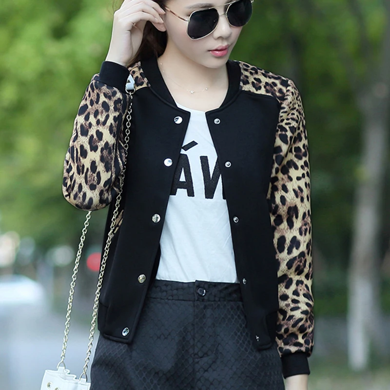 

Leopard 2018 Flower Print Plus Size Baseball Basic Women's Jacket Round Collar Button Thin Bomber Jackets Long Sleeves girl Coat