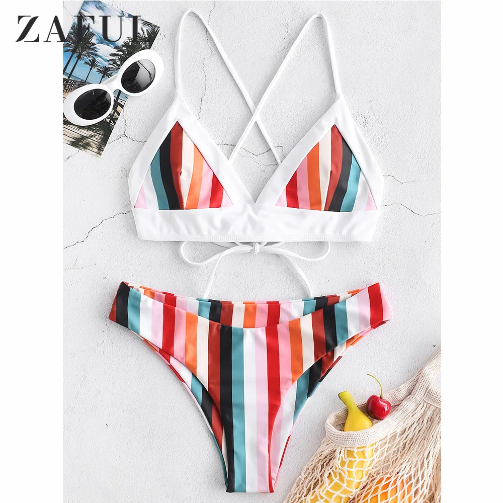 

ZAFUL Colorful Striped Cami Bikini Set Rainbow Swimwear Women Swimsuit Sexy Triangle Bikini 2019 Spaghetti Straps Bikini Push Up