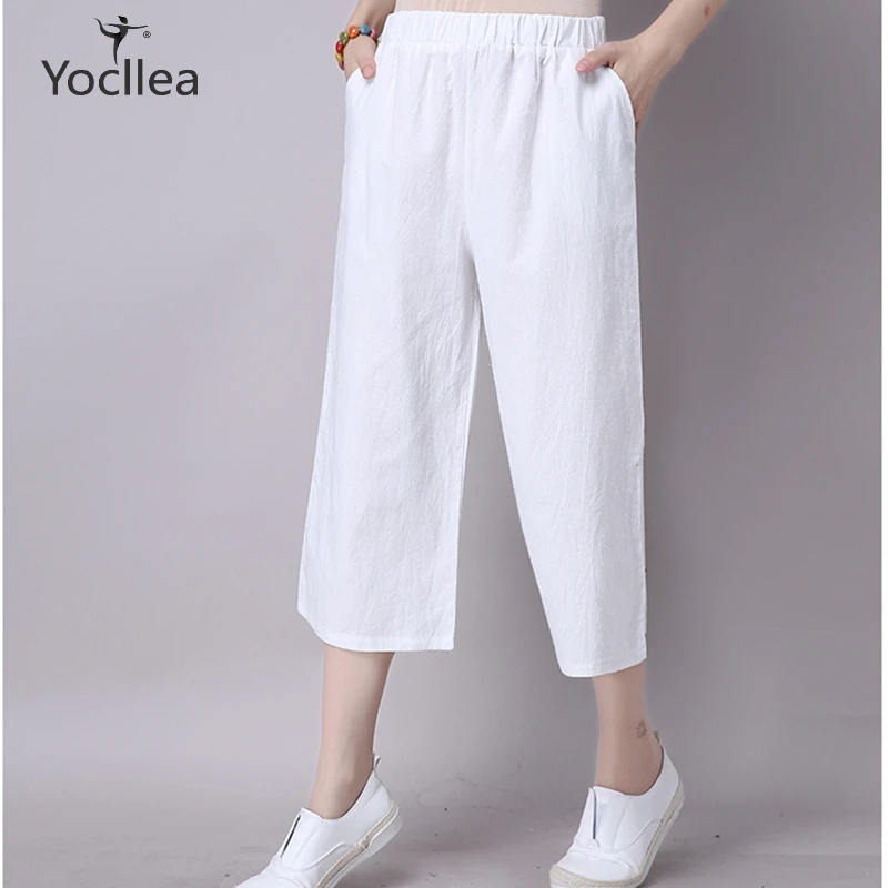 

Summer Casual Pants women Cotton Linen Wide leg Pants Solid Plus size Calf-Length Pants Women Loose Elastic Waist Trousers YL255