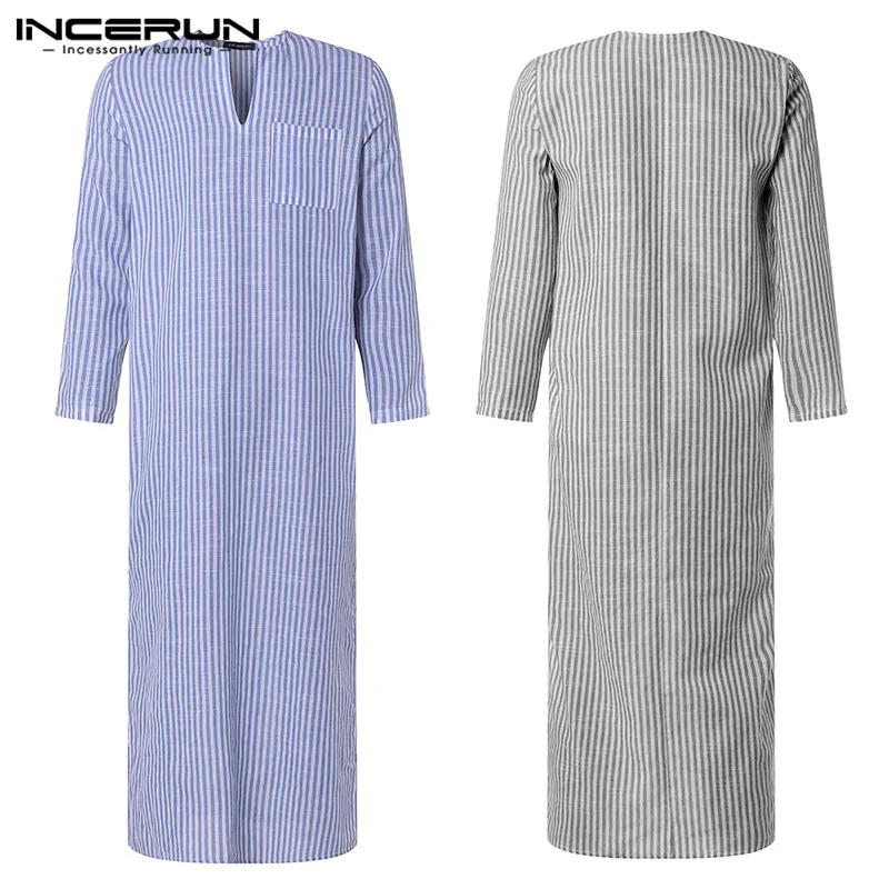 

2019 Traditional Indian Men Shirts Dress Long Sleeve V Neck Striped Kurta Vintage Loose Middle East Islamic Arab Kaftan Clothes