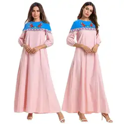 Для женщин Цветочная вышивка с длинным платье трапециевидной формы мусульманских клетчатый лоскутное абайя, Кафтан Исламская вечерние