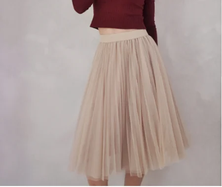 

New Fashion 3 Layers Tulle Skirts Women's Black Gray White Adult Tulle Skirt Elastic High Waist Pleated Midi Skirt