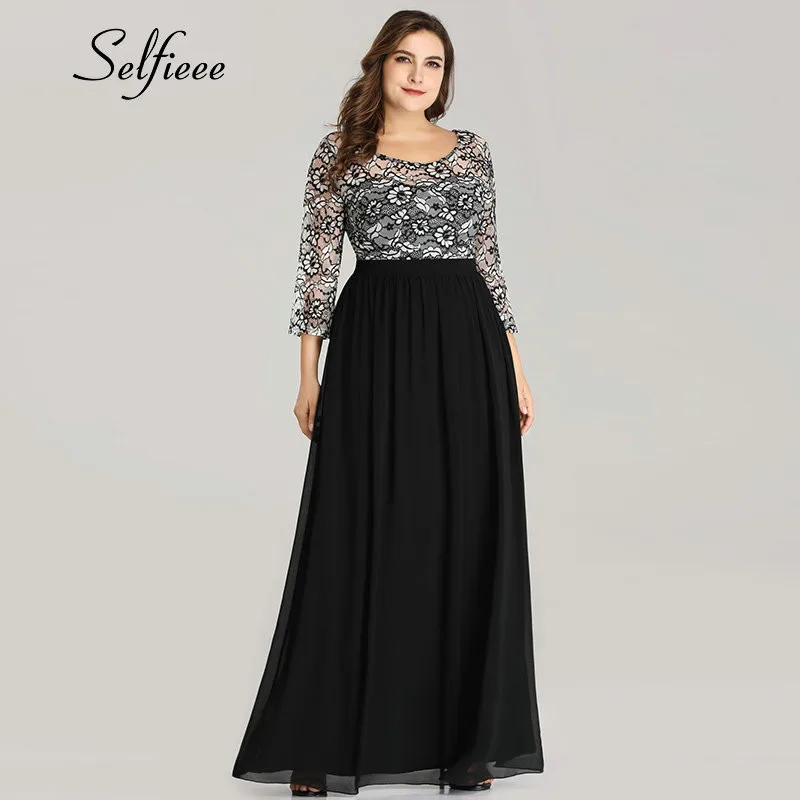 

Plus Size Women Party Dress 2019 New Design A Line O Neck Long Spring Dress Floral Embroidery Black Dress With Sleeve Robe Femme