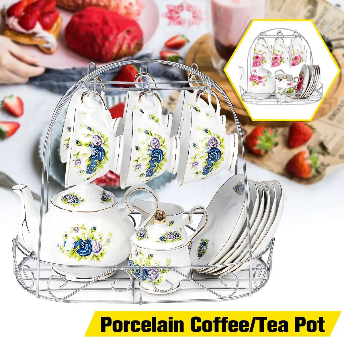 

15pcs/set Fine Bone China Pottery Porcelain Elegant Coffee Tea Pot Cup Plate Sugar Milk Cup Afternoon Tea Set with Iron Holder