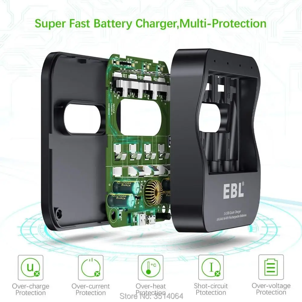 EBL Smart отдельных Батарея Зарядное устройство с всего за 2 часа супер iQuick Технология и 2USB Вход Порты для никель-металл-гидридных аккумуляторов аа ААА Перезаряжаемые сотовый телефон