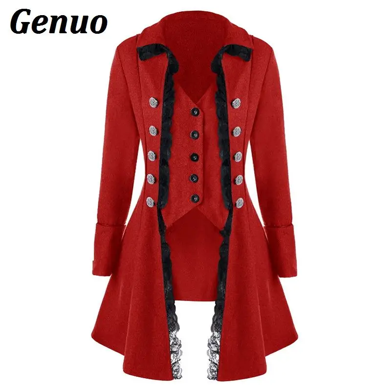 

Genuo Lace Trim Long Medieval Jackets Gothic Lady Cosplay Women Autumn Winter Solid Long Sleeve Three-Breasted Irregular Dress