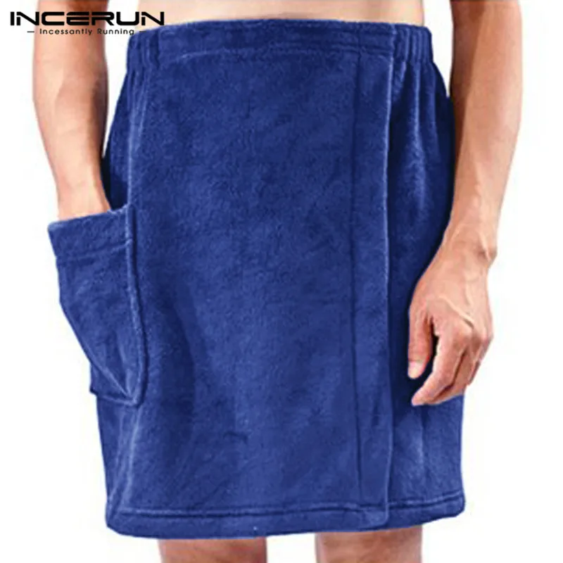 INCERUN Men Bath Towel Skirts Shower Elastic Waist Pockets Blanket Solid Fashion Soft Beach Bath